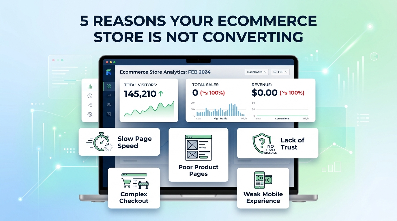 Illustration showing an ecommerce website with traffic but no sales and common conversion problems
