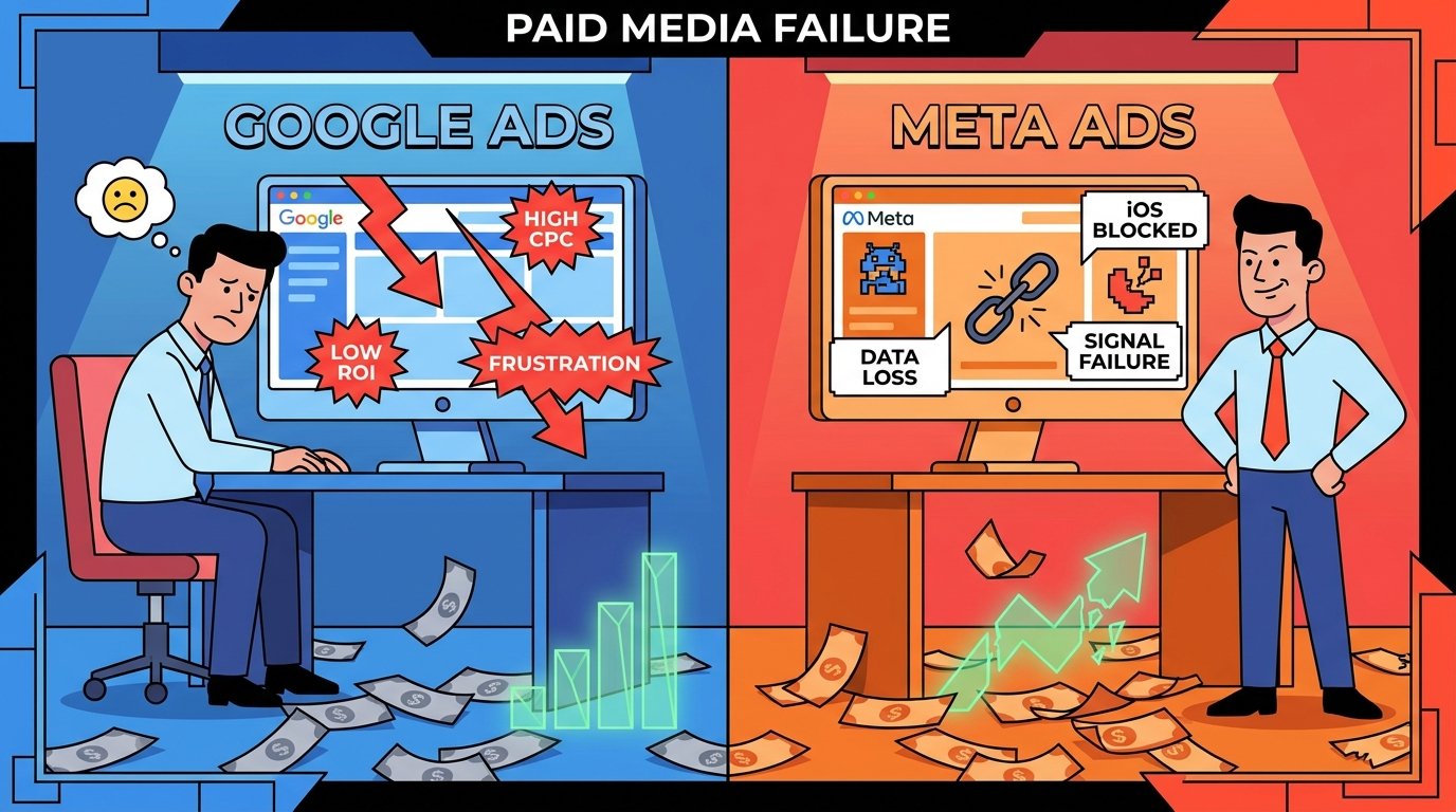 Split-screen illustration showing Google Ads dashboard failure warnings and Meta Ads iOS blocked symbol with SEO-fix data charts connecting them