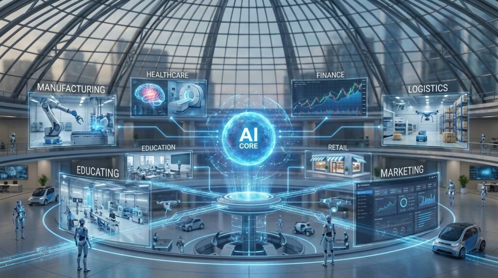 Artificial Intelligence technology connecting healthcare, finance, manufacturing, retail, logistics, and marketing industries through digital automation and data analytics