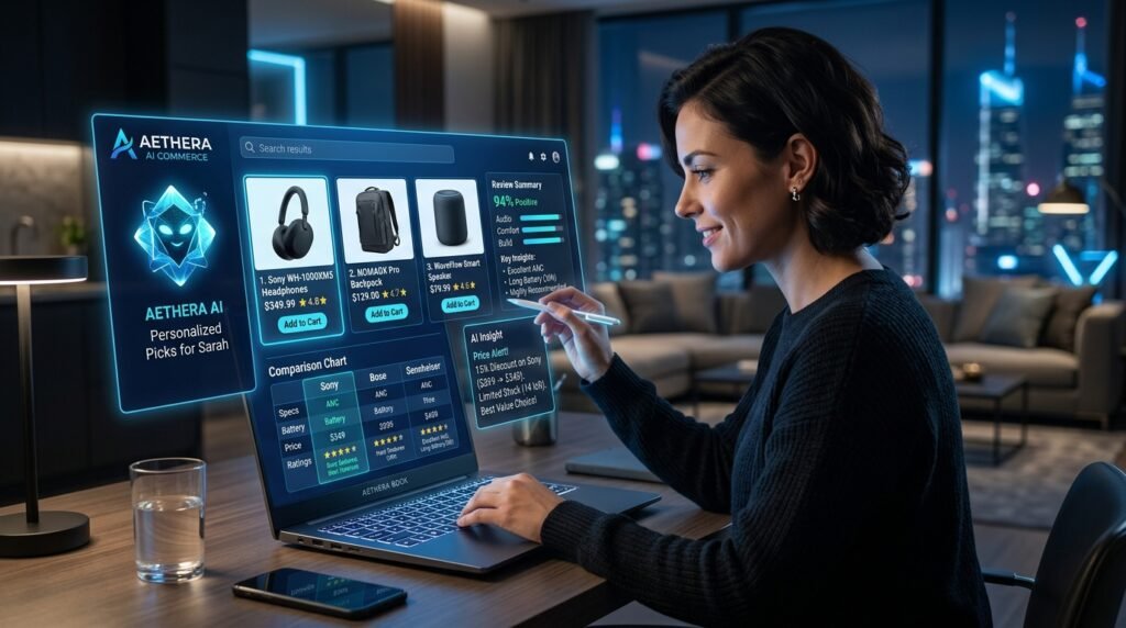 Online shopper using an AI assistant to compare products and receive personalized recommendations instead of browsing traditional search results.