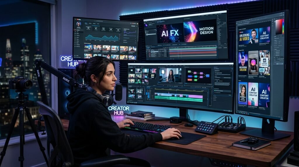 Content creator using AI-powered video editing and graphic design tools to create marketing videos, social media graphics, and digital content.