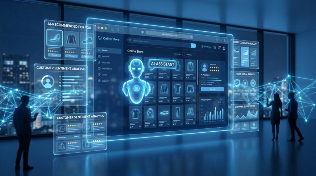 Ecommerce store being recommended by AI assistants through product comparisons, customer reviews, structured data, and GEO optimization strategies