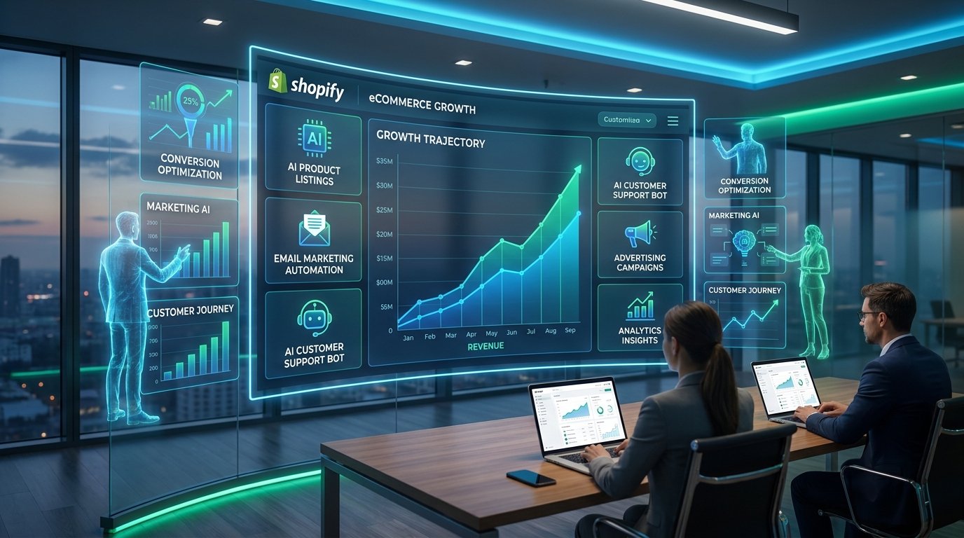 Dashboard showing AI-powered Shopify growth with increasing revenue charts, automated marketing campaigns, product optimization, and customer analytics.