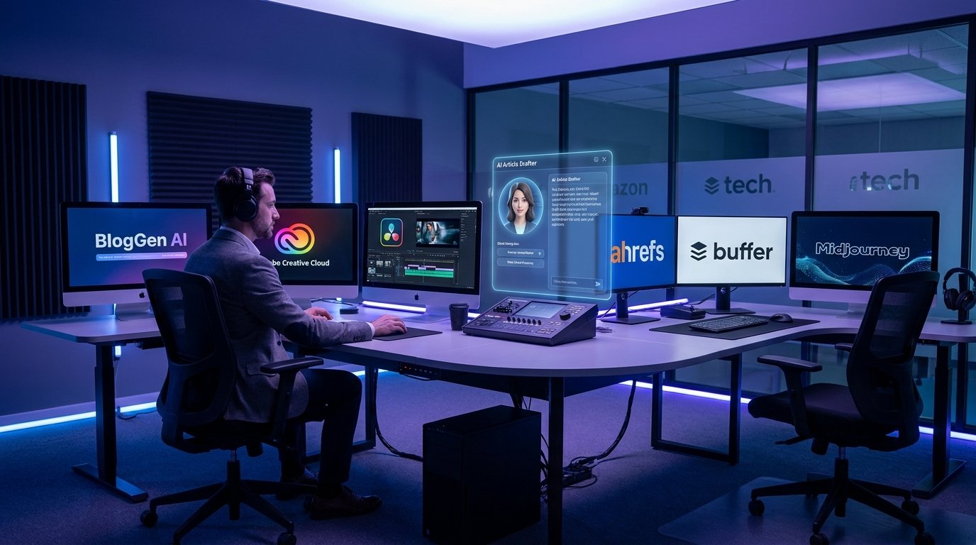 Content creator using AI tools to write blog posts, design graphics, edit videos, and optimize digital marketing content across multiple platforms.