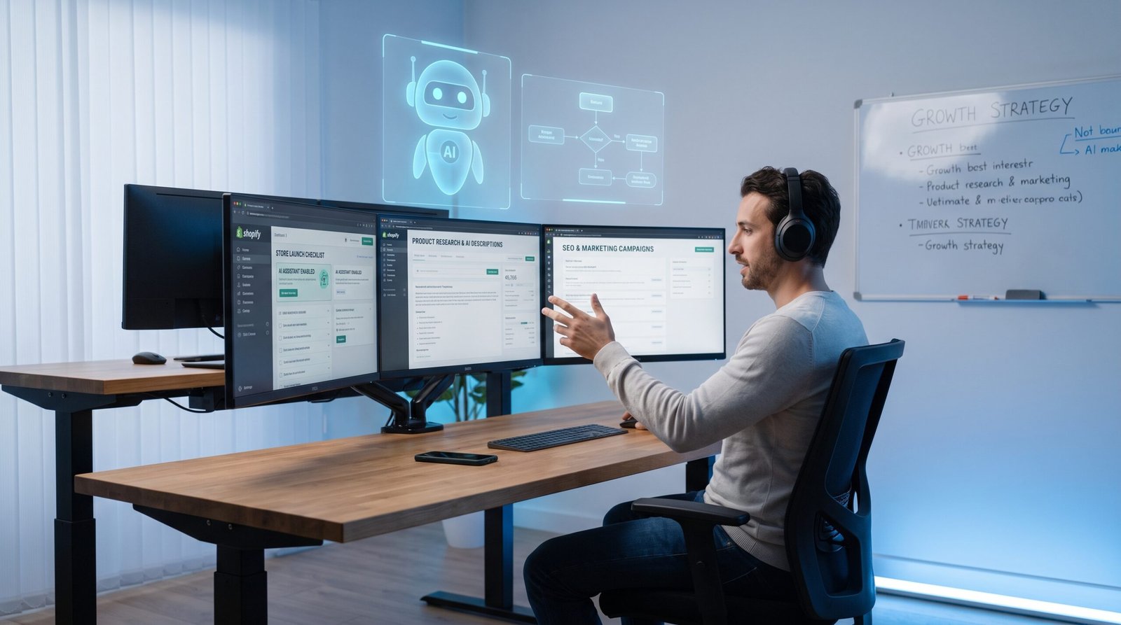 Entrepreneur building a Shopify eCommerce store using AI tools for product research, website creation, marketing, SEO, and customer support.